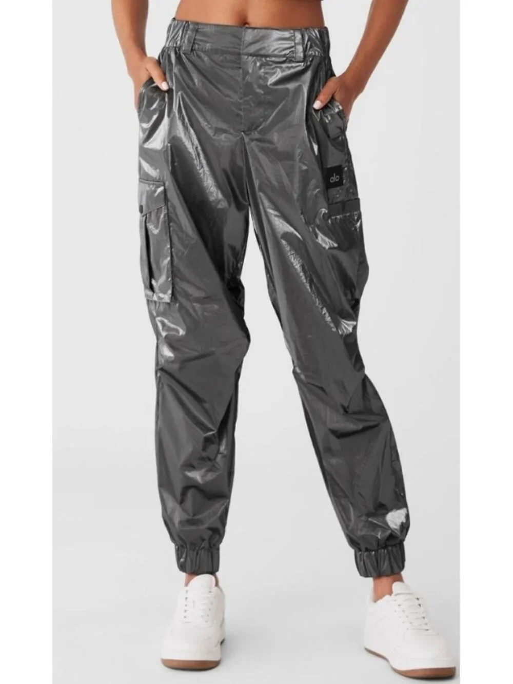 Alo Metallic High-Waist Break Line Joggers Silver Chrome Shiny Hi-Rise Waisted S